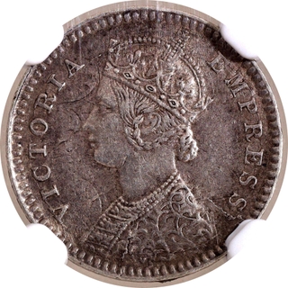 Extremely Rare NGC MS 62 Graded Error Silver Two Annas Coin of Victoria Empress of Calcutta Mint of 1881.