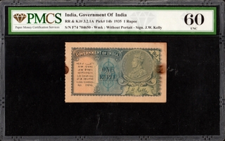 PMCS Graded One Rupee Banknote of 1935 of British India Signed by J W Kelly.