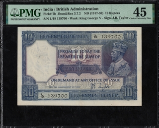 PMG Graded Ten Rupees Banknote of British India of 1926 Signed by J B Taylor.