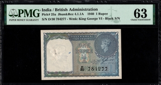 PMG Graded One Rupee Banknote of 1944 Signed by C E Jones.