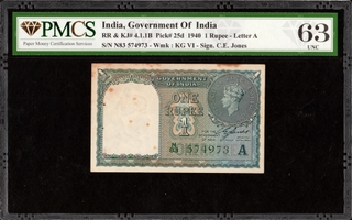 PMCS Graded One Rupee Banknote of British India of 1944 Signed by C E Jones.