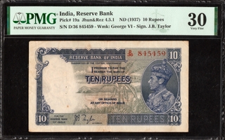 PMG Graded Ten Rupees Banknote of King George VI of 1938 Signed by J B Taylor.