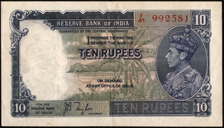 British India Ten Rupees Banknote of King George VI of 1938 Signed by J B Taylor.