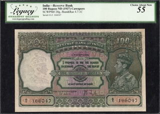 Legacy Graded One Hundred Rupees Banknote of King George VI of 1938 Signed by J B Taylor.