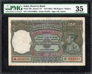 PMG Graded One Hundred Rupees Banknote of King George VI of 1938 of British India Signed by J B Taylor of Madras Circle.