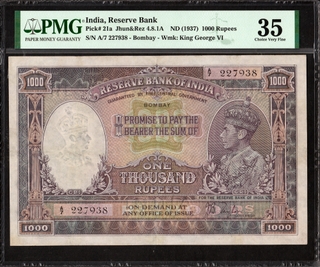 Extremely Rare PMG Graded King George VI One Thousand Rupees Banknote Signed by J B Taylor of 1938.