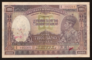  Extremely Rare One Thousand Rupees Banknote of King George VI Signed by J B Taylor of 1938 of Lahore Circle.