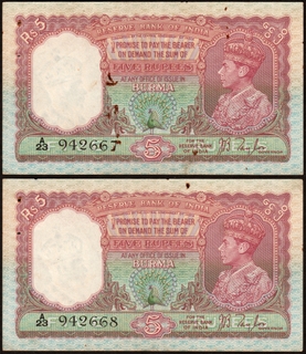 Burma Issue Five Rupees Banknotes of King George VI of 1938 of British India Signed by J B Taylor.