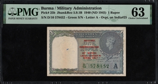 PMG Graded Burma Issue One Rupee Banknote of King George VI of 1945 of British India Signed by C E Jones.