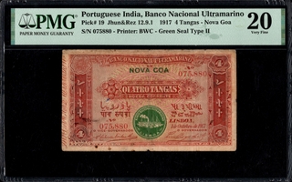 1917 Four Tangas Banknote of Banco Nacional Ultramarino of  Portuguese India.