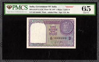 PMCS Graded 666666 Fancy Number  One Rupee Banknote of 1957 of Republic India Signed by L K Jha.