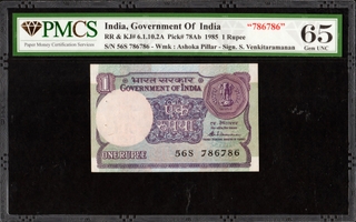 PMCS Graded One Rupee 786786 Fancy Number Banknote of 1985 of Republic India Signed by R N Malhotra.