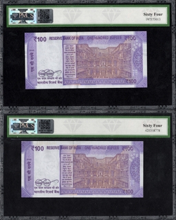 PMCS Graded One Hundred Rupees Fancy Number 999999 and 1000000 Banknotes Signed by Shaktikanta Das.