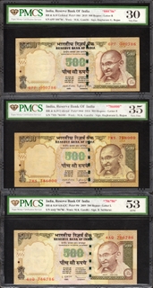 PMCS Graded Five Hundred Rupees Fancy Number 786 Banknotes of Republic India Signed by D Subbarao and Raghuram G Rajan.