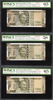 PMCS Graded Five Hundred Rupees Fancy Number 786 Banknotes of Republic India Signed by Shaktikanta Das.