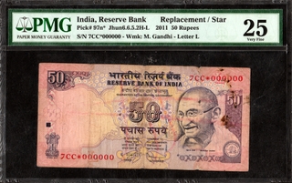 PMG Graded Serial Number Error Fifty Rupees Banknote of Republic India of 2011 Signed by D Subbarao.