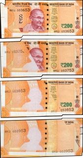 Sheet Fold Printing Error Two Hundred Rupees Banknote of Republic India of 2018 Signed by Urjit R Patel.