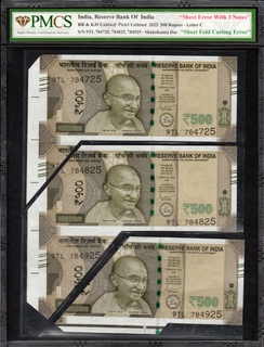 PMCS Graded Sheet Fold Cutting Error Five Hundred Rupees Banknotes of Republic India of 2022 Signed  by Shaktikanta Das.