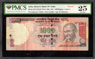 PMCS Graded Serial Number Printing Error Thousand Rupees Banknote of  Republic India of 2011 Signed by D Subbarao.