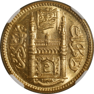 Extremely Rare Graded & Slabbed by NGC as MS64 Hyderabad State Gold Ashrafi coin of Mir Usman Ali Khan with Hijri year 1348 and 19 year.