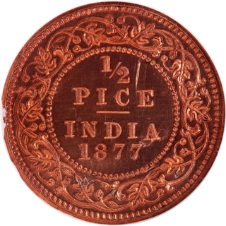 Exceedingly Rare NGC PL 64 RD Graded Proof Copper Half Pice Coin of Victoria Empress of Calcutta Mint of 1877.