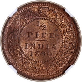 Very Rare NGC MS 64 RB Graded Copper Half Pice Coin of Victoria Empress of Calcutta Mint of 1890.