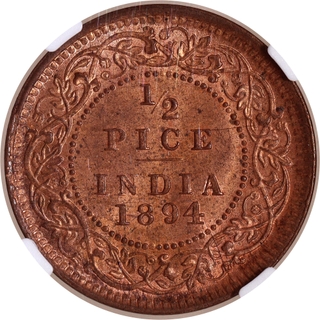 Rare NGC MS 64 RB Graded Copper Half Pice Coin of Victoria Empress of Calcutta Mint of 1894.