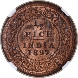 Rare NGC MS 63 RB Graded Copper Half Pice Coin of Victoria Empress of Calcutta Mint of 1897.