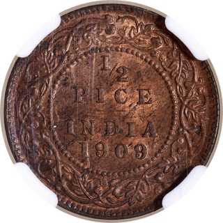 Rare NGC MS 63 RB Graded Bronze Half Pice Coin of King Edward VII of Calcutta Mint of 1909.