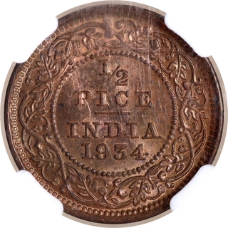 Rare NGC MS 65 RB Graded Bronze Half Pice Coin of King George V of Calcutta Mint of 1934.