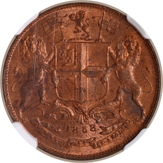 Scarce NGC MS 64 RB Graded Copper One Quarter Anna Coin of East India Company of Birmingham Mint of 1858.