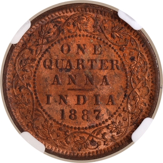 Rare NGC MS 63 RB Graded Copper One Quarter Anna Coin of Victoria Empress of Calcutta Mint of 1887.