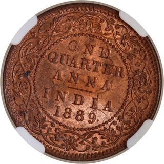 Rare NGC MS 64 RB Graded Copper One Quarter Anna Coin of Victoria Empress of Calcutta Mint of 1889.