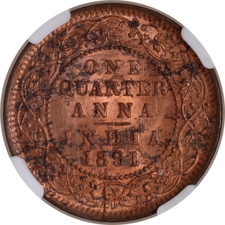 Rare NGC MS 64 RB Graded Copper One Quarter Anna Coin of Victoria Empress of Calcutta Mint of 1891.