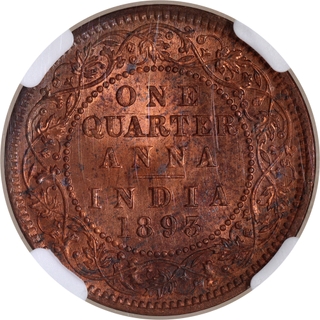 Rare NGC MS 64 RB Copper One Quarter Anna Coin of Victoria Empress of Calcutta Mint of 1893.