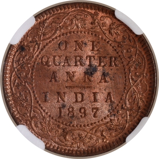 Rare NGC MS 63 RD Graded Copper One Quarter Anna Coin of Victoria Empress of Calcutta Mint of 1897.