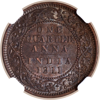 Rare NGC AU 58 BN Graded Bronze One Quarter Anna Coin of King George V of Calcutta Mint of 1911.