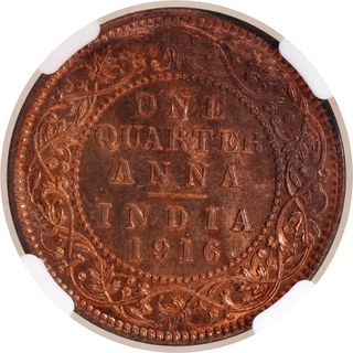 Extremely Rare NGC MS 65 RB Graded Bronze One Quarter Anna Coin of King George V of Calcutta Mint of 1916.