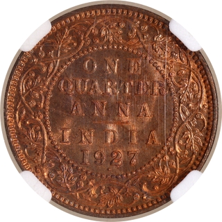 Rare NGC MS 65+ RD Bronze One Quarter Anna Coin of King George V of Bombay Mint of 1927.