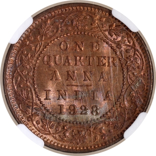 Rare NGC MS 65 RB Graded Bronze One Quarter Anna Coin of King George V of Calcutta Mint of 1928.