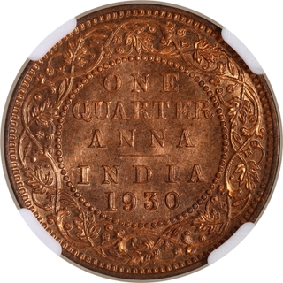 Scarce NGC MS 65 RD Graded Bronze One Quarter Anna Coin of King George V of Bombay Mint of 1930.