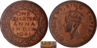 Rare Bronze One Quarter Anna Coin of King George VI of Calcutta Mint of 1941.