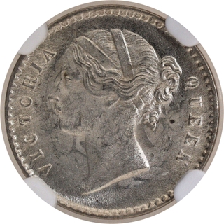 Scarce NGC MS 63 Graded Silver Two Annas Coin of Victoria Queen Divided Legend of Calcutta Mint of 1841.