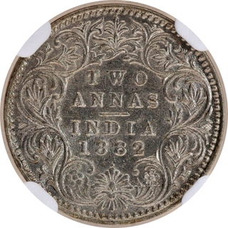 Very Rare NGC AU 58 Graded Silver Two Annas Coin of Victoria Empress of Bombay Mint of 1882.