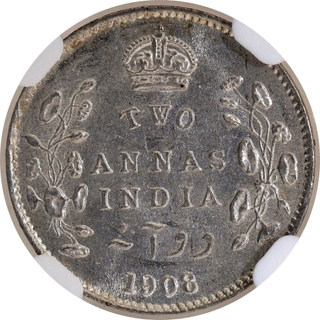 Scarce NGC MS 61 Graded Silver Two Annas Coin of King Edward VII of Calcutta Mint of 1908.