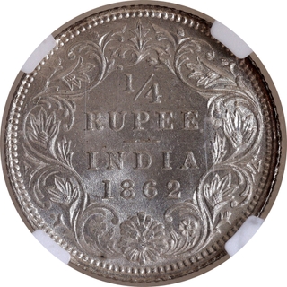 Scarce NGC MS 63 Graded Silver Quarter Rupee Coin of Victoria Queen of Calcutta Mint of 1862.