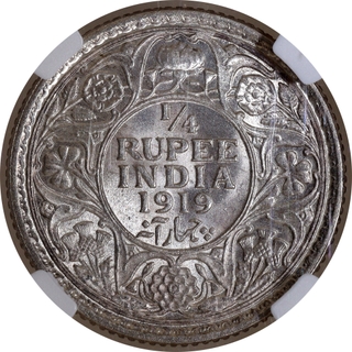 Very Rare NGC MS 65 Graded Silver Quarter Rupee Coin of King George V of Calcutta Mint of 1919.