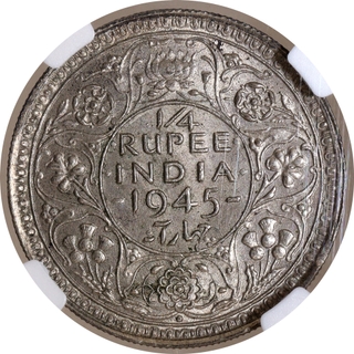 Large Five Very Rare NGC MS 62 Graded Silver Quarter Rupee Coin of King George VI of Bombay Mint of 1945.