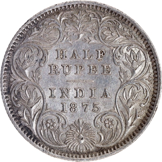 Extremely Rare 1875 Silver Half Rupee Coin of Victoria Queen of Calcutta Mint.