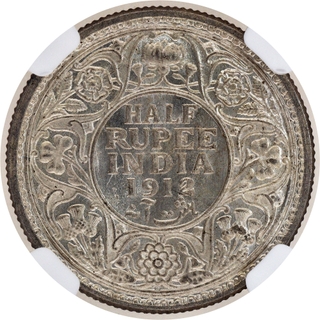 Very Rare NGC MS 64 Graded Silver Half Rupee Coin of King George V of Bombay Mint of 1912.